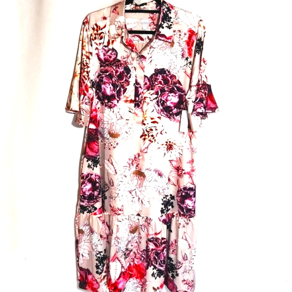 NWT Chico's Floral Midi Flounce Sleeve Dress Size 3  16/18